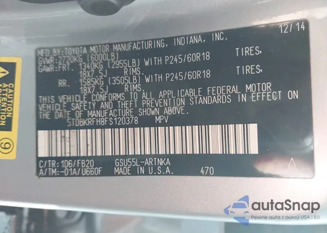 2015 Toyota Highlander Le V6 from USA, damaged, VIN 5TDBKRFH8FS120378